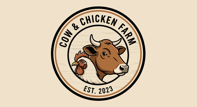 Cow and Chicken Farm Logo with Established 2023 Text.