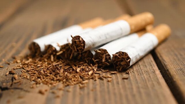 A stark close-up shot captures several unwrapped tobacco sticks alongside a  scattered pile of loose, shredded tobacco resting on a rustic wooden  surface. The detailed texture of the natural wood grain
