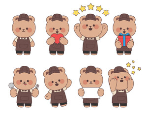 Naklejka premium Vector illustration of friendly bear employee in apron with various poses