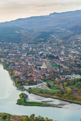 Panoramic view of the Aragvi and Kura rivers confluence and Mtskheta city seen from Jvari monastery © vahanabrahamyan