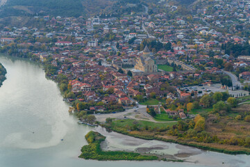 Panoramic view of the Aragvi and Kura rivers confluence and Mtskheta city seen from Jvari monastery © vahanabrahamyan