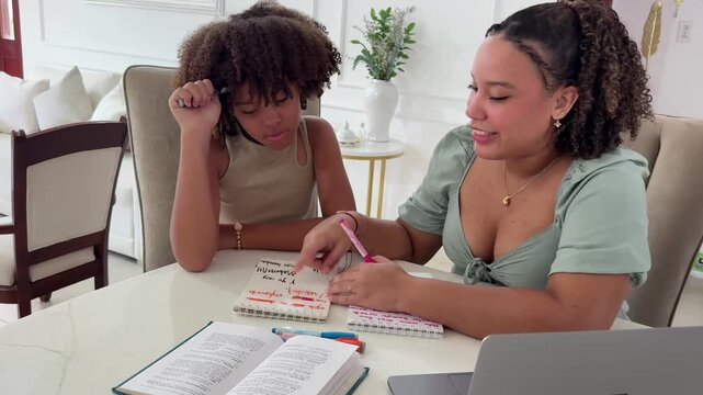 An understanding older sister explains a difficult subject to her younger sister as they study at the table