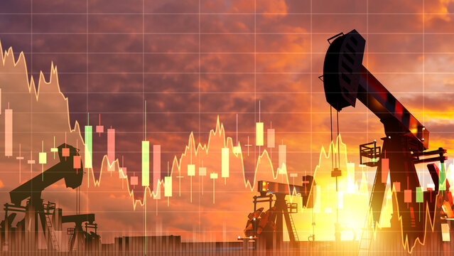 Oil production, pumpjacks operating at sunset with financial charts showing energy market volatility, crude extraction, commodity trading and petroleum industry economics.