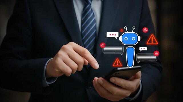 AI chatbot system alert in digital communication environment showing error, warning, and cybersecurity risk icons, highlighting potential data breach and smart automation failure in modern networks&nbsp;