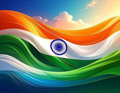 Wavy tricolor flag with a blue Chakra emblem, set against a sunny sky with fluffy clouds; artistic illustration