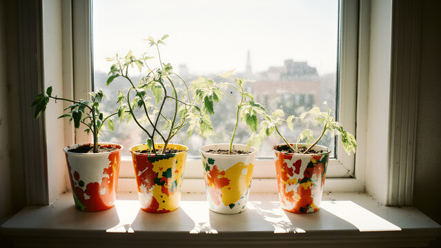 Four glasses with tomato seedlings are standing on the windowsill in the sunlight. The pots with soil are colorful to lift the mood and are designed in an avant-garde style in bright colors.