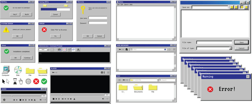 Retro 90s Operating System User Interface Vector Elements Set, A comprehensive collection of vintage 90s computer interface elements in vector format