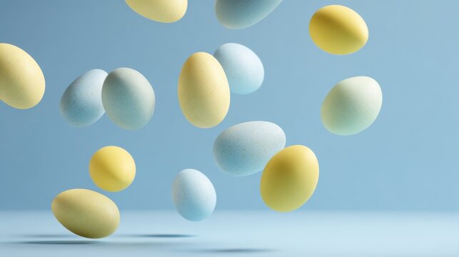 Floating composition of pastel blue and yellow eggs in the air, center is empty for product placement, zero gravity concept