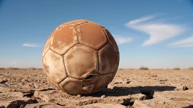 A weathered and deflated football rests on a parched landscape of severely cracked earth under a clear, expansive blue sky. The old ball, visibly damaged and covered in fine dust, presents a stark ima
