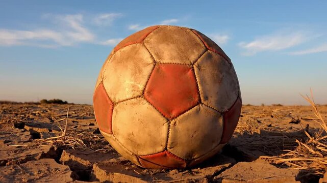 A weathered and well-worn soccer ball rests stoically on a desolate landscape of dry, cracked earth. The parched ground, showing deep fissures and sparse, withered vegetation, extends under a clear bl