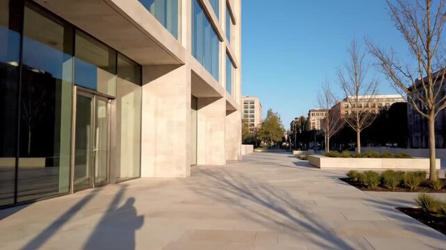 A wide shot showcases the modern facade of a contemporary building featuring light-colored stone cladding and expansive glass windows under a clear, bright blue sky. The elegant architecture creates a