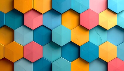 Obraz premium Colorful raised hexagon pattern pink, orange, blue, yellow. Bright, vivid