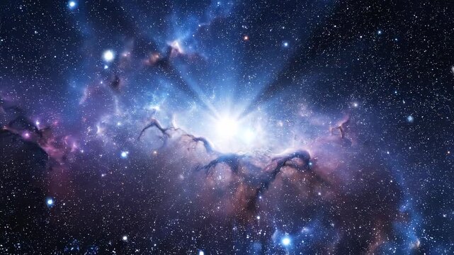 A vibrant cosmic explosion in deep space features a brilliant central star radiating light rays through purple nebulae and glowing particles.