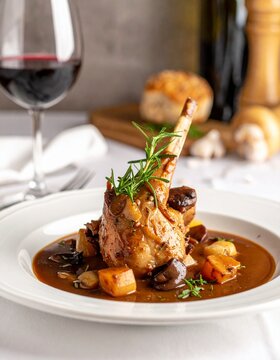 Traditional French Coq au Vin served on a fine plate, with rich sauce and herbs.
