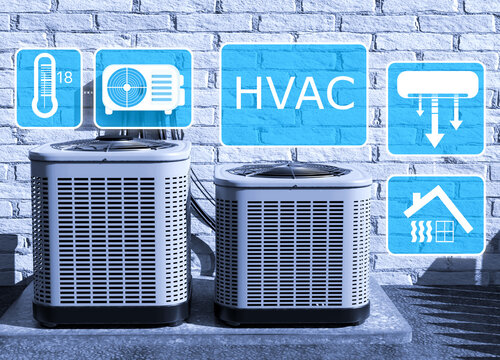HVAC systems and climate control, Outdoor air conditioning units operate with digital icons showing temperature, ventilation and home heating, cooling infrastructure.