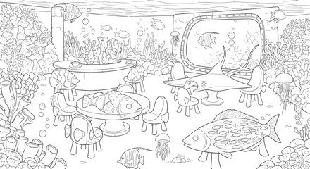 Whimsical Underwater Restaurant Scene with Fish-Shaped Furniture and Coral Reef Coloring Page © marjan