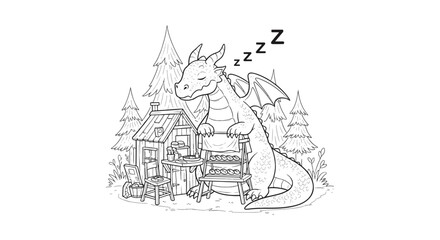 Obraz premium Adorable Sleeping Dragon Guarding a Small Woodland Bakery Coloring Page