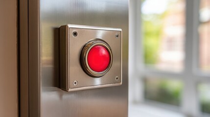 Naklejka premium Close-up of a bright red emergency override button on a brushed metal control panel with a blurred background