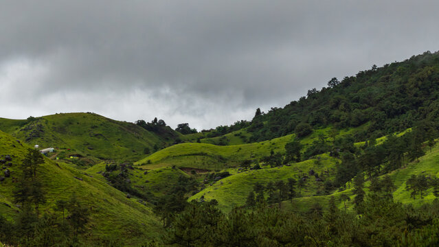 Scenic View of Markham Valley Rolling Green Hills Under Dramatic Overcast Monsoon Sky, Eastern West Khasi Hills, Meghalaya, India
