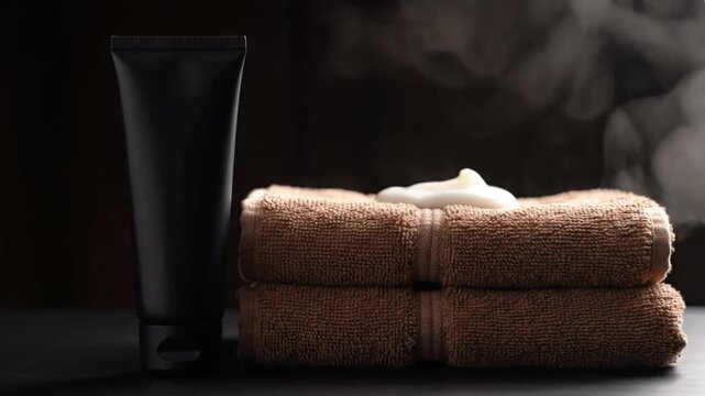 This serene studio shot captures a sophisticated display of personal care essentials with a luxurious, moody ambiance. A sleek, matte black tube stands prominently beside a neatly stacked pair of soft
