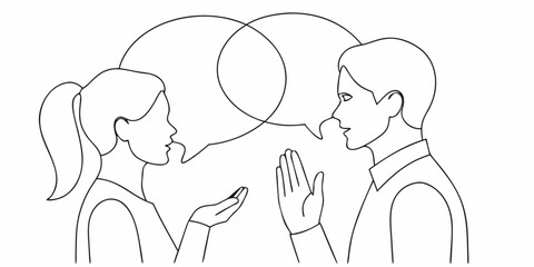 Line art illustration of a man and woman in conversation