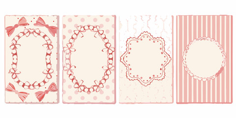 Fototapeta premium Four decorative pink frames with ribbons and floral patterns