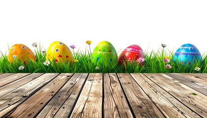 Brightly colored Easter eggs in grass behind a weathered wooden floor