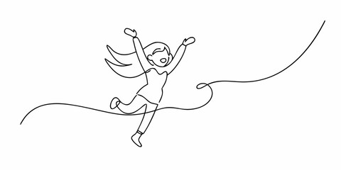 A joyful girl leaps in the air depicted as a single line drawing