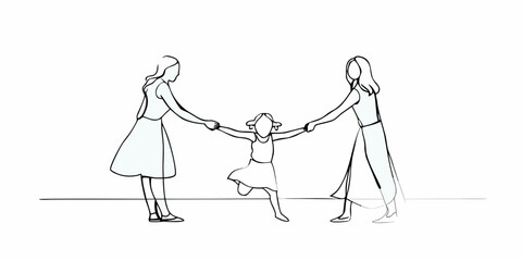 Obraz premium A minimalist sketch depicts three women holding hands in a circular formation