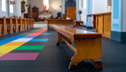 Bright floor in church nave with benches, altar, and stained glass beyond