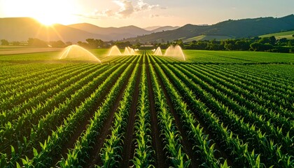Green field being irrigated at sunset, mountains in the background
