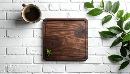 Top-down view of a wooden board, coffee, and leaves on a white brick background