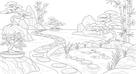 Fototapeta premium Zen Japanese Garden with Bonsai Trees, Stepping Stones, and Koi Pond Coloring Page