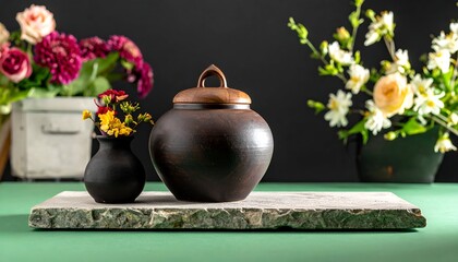 Floral still life with vases on a stone slab, against a dark backdrop