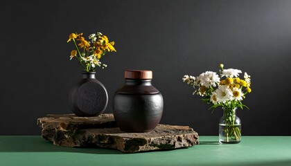 Still life with flowers in vases on green table against dark backdrop