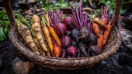 Fototapeta premium A Rich Harvest of Colorful Root Vegetables in a Rustic Basket