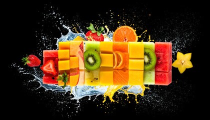 Fruit mosaic of colorful slices, with water splashing against a black background