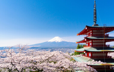 Mount Fuji, Full Bloom Cherry Blossoms and a Five-Story Pagoda