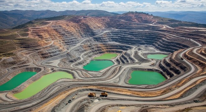 A large open-pit mine with multiple levels and green water pools.