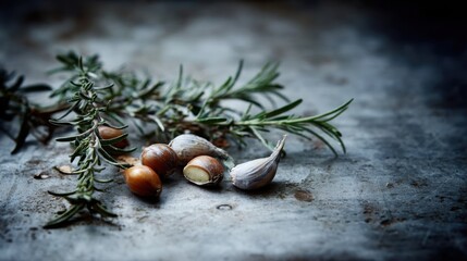 Aromatic rosemary sprigs and garlic cloves resting on a rustic textured surface