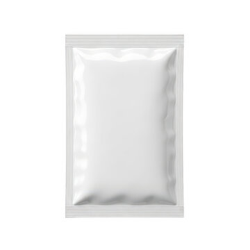A white sealed foil pouch on a plain white background for product display. isolated on transparent background