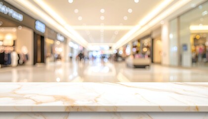 Fototapeta premium Marble surface overlooking blurry mall hallway with bright ceiling lights