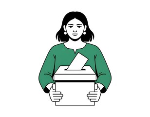 woman holding ballot box, modern flat vector illustration, minimal geometric character, black and white palette, clean bold shapes, white background, isolated, svg style, no gradient