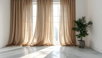 Room with tan curtains, tall window, concrete floor, and potted palm