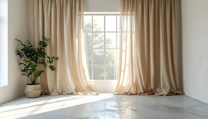 Sunlit room window, curtains, green plant, concrete floor, bright interior