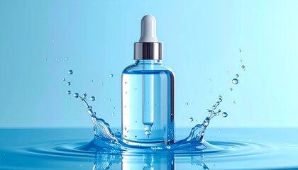 Blue serum bottle with dropper; water splash, ripples on liquid surface