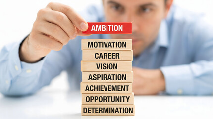 A focused professional man carefully places a red ambition block atop a tower of success words on a 