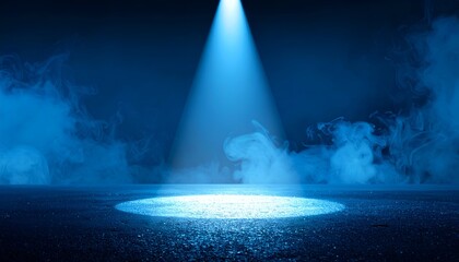 Blue spotlight on a textured floor amidst smoky haze, mysterious and evocative