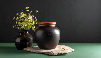 Still life with flowers in vase and dark pot on stone, against dark background