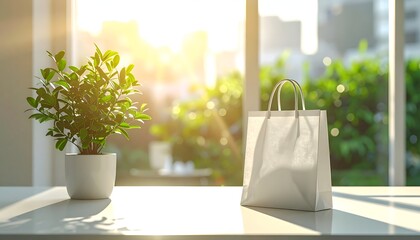 Paper bag and potted plant bathed in morning sunlight by a bright window